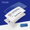 The image features a name badge with a transparent protective layer, showing the name 'Sarah Baron' and the company logo for 'Universal International Service Corporation'. The badge is styled against a blue background, and there's a blue button-like object beside it.