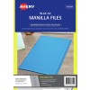 The image displays a packaging of blue A4 manilla files by Avery. The front shows vibrant labeling about the product, highlighting features like organization and premium quality. There are also several blue files visible in a practical setting.