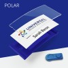 The image features a name badge design. It includes a clear plastic cover with the name 'Sarah Baron' and the logo of 'UNIVERSAL international service corporation' on a white card, placed on a blue background. A blue badge holder is visible at the bottom.