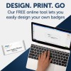 The image features a design tool for creating custom name badges that reads 'DESIGN. PRINT. GO'. It shows a hand on a laptop keyboard with a badge design displayed on the screen, indicating that users can easily design their own badges online for free.