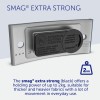 The image features a product called SMAG® Extra Strong, which is a magnetic badge holder with a holding power of up to 2kg. It's designed for thicker and heavier fabrics and includes warnings related to pacemakers.