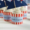The image features several vanilla cupcakes with white frosting, sitting in red and white striped cups. Each cupcake has a small blue flag with the text 'Vanilla Cupcakes'.