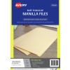 This image shows a pack of buff foolscap manila files by Avery. The packaging indicates that it contains 10 files and states their features, including strong and durable material, scored spines for extra storage capacity, rounded corners, and slots for fasteners. It emphasizes organization and filing solutions.