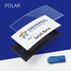 The image depicts a name badge holder containing a card labeled 'UNIVERSAL international service corporation' and the name 'Sarah Baron.' It features a transparent cover, a black base, and a blue button accessory, all against a blue and white background.