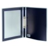 The image shows a binder with a transparent cover on the left and a dark surface on the right, featuring a metal ring mechanism in the center.