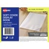 The image shows a soft cover display book from Avery with a clear cover and specifications indicating it holds up to 40 sheets. It features insert pockets and is made of flexible polypropylene.
