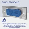 The image features a product called SMAG® Standard. It is a blue magnetic attachment designed for fabrics, with a holding power of up to 1 kg. It includes warnings for cardiac pacemaker users and is suitable for both normal and delicate fabrics.